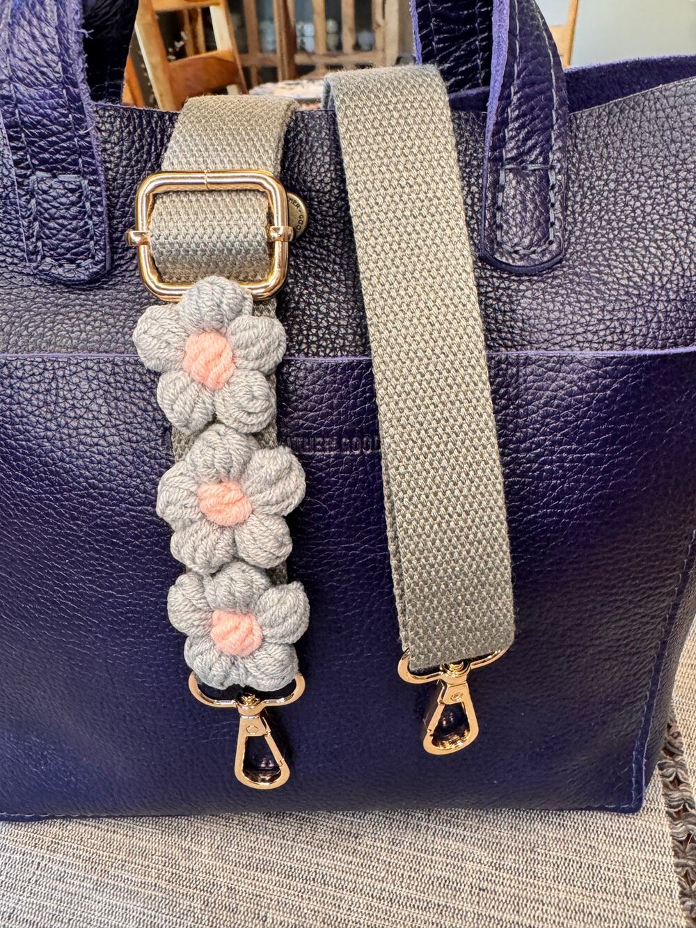 Gray Daisy Crochet Purse Strap Woven Bag Strap Crossbody Purse Strap Gold